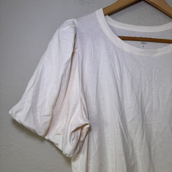 Loft Cotton Cream Short Ruffle Puff Sleeve Round Neck Top Size Large - Picture 2 of 8